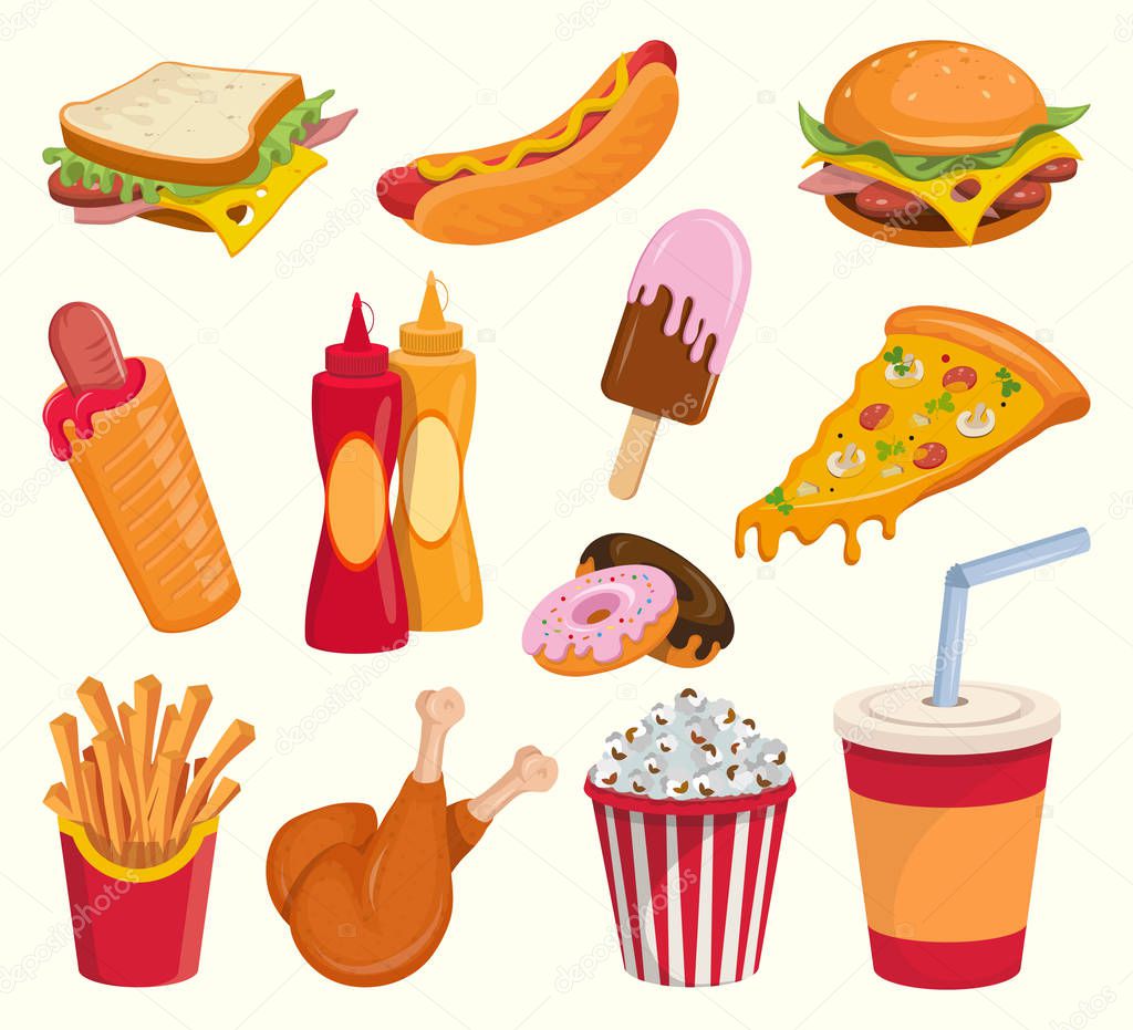 fast food colorful set, cartoon fast food for design, vector graphics to design