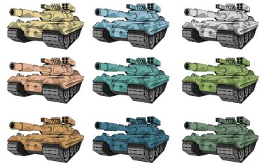 savaş cabukşalterli, farklı türleri kamuflaj tank, çizim renkli muharebe tankı tankları. vektör grafik tasarım