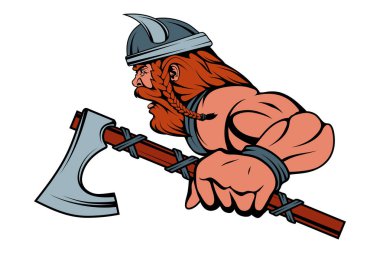 elinde, logo veya takımın maskotu uygun bir geleneksel savaş baltası ile renkli viking savaşçısı. vektör grafik tasarım