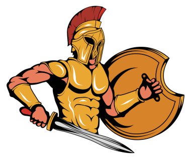 Spartalı savaşçı maskot grafik, geleneksel bir silah ile Romalı savaşçı, altın zırh, uygun olarak logo veya takımın maskotu, elinde bir kılıç ile Romalı savaşçı Spartalı savaşçı