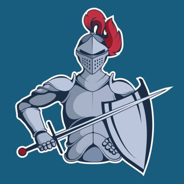 Knight maskot grafik, şövalye savaşçı zırh ve takım maskotu için logo olarak uygun onun elinde bir kılıç ile vektör grafik tasarım