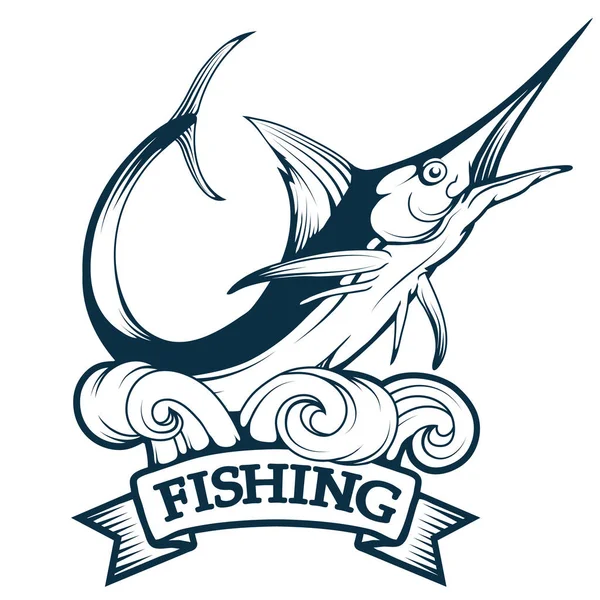 Insignia de marlin, logotipo de pesca de marlin azul, logotipo de marlin, emblema de pesca, logotipo de pez espada, gráfico vectorial para diseñar — Vector de stock