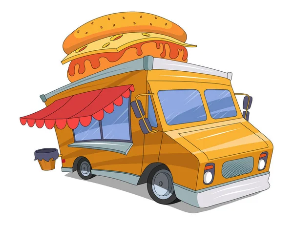 Fast Food Truck vektorritning, foodtruck ritning skiss med hamburgare på taket, food truck logotyp, vektorgrafik att utforma — Stock vektor