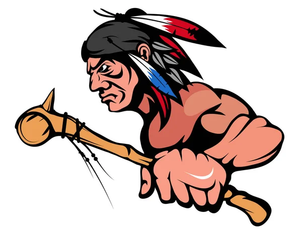 American Indian Chief Mascot Graphic, guerreiro indiano com uma arma tradicional, chefe indiano adequado como logotipo ou mascote de equipe, chefe nativo americano com maça de batalha na mão — Vetor de Stock