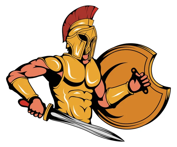 Spartan Warrior Mascot Graphic, roman warrior with a traditional weapon, spartan warrior in gold armor, suitable as logo or team mascot, roman warrior with a sword in his hand — Stock Vector