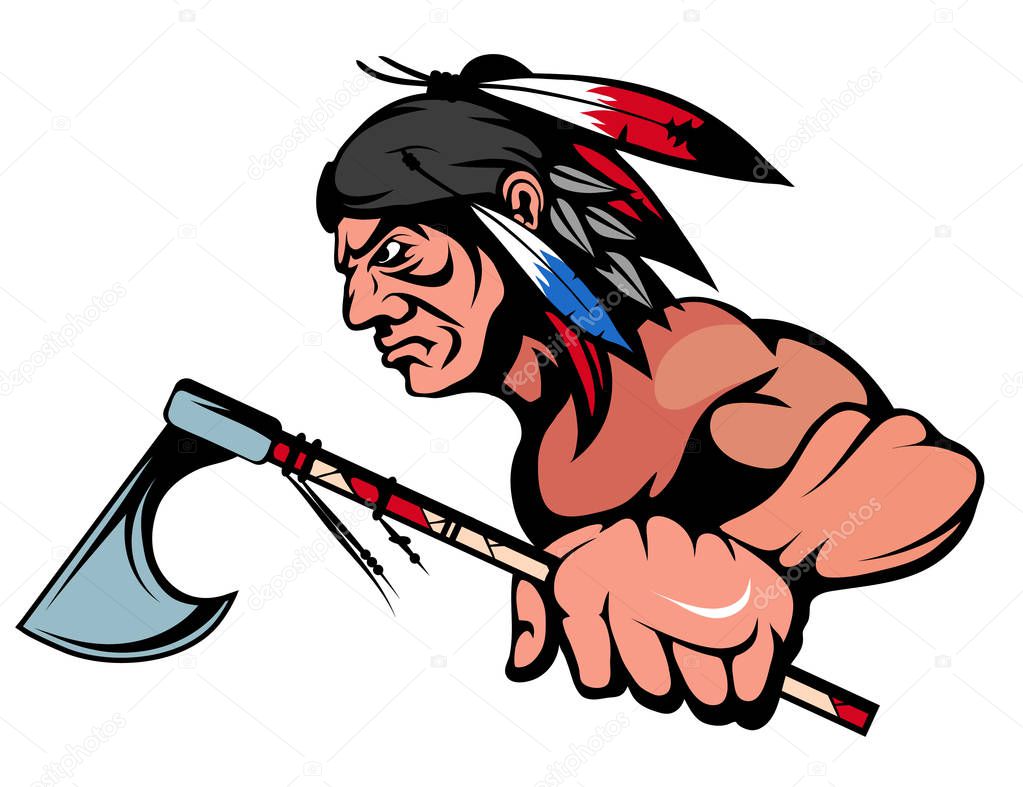 American Indian Chief Mascot Graphic, indian warrior with a traditional weapon, indian chief suitable as logo or team mascot, american native chief with an ax in his hand