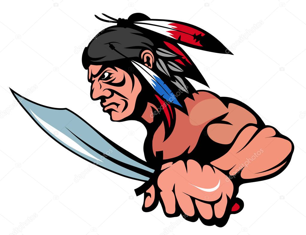 American Indian Chief Mascot Graphic, indian warrior with a traditional weapon, indian chief suitable as logo or team mascot, american native chief with a knife in his hand