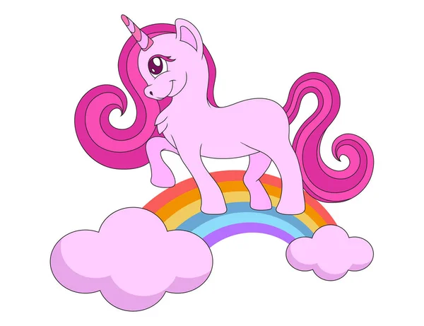 Lindo unicornio de dibujos animados en un arco iris en el cielo, vector gráfico para diseñar — Vector de stock