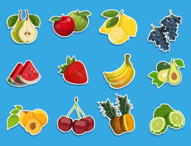 Taze meyve ile sopa ayarlayın. Sağlıklı gıda. Lezzetli doğal meyve ve çilek farklı türleri. Tropikal sağlıklı meyve farklı tür. Vektör grafik tasarım