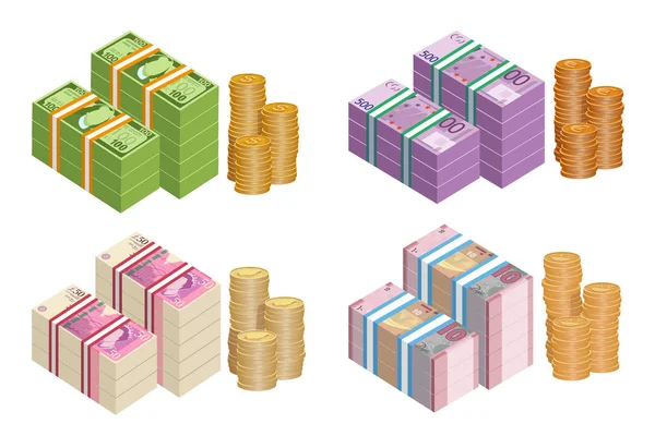 Různé druhy peněz použitých na světě. Peníze bankovky a zlaté mince. Hotovostní peníze papír. Vektorová grafika k návrhu — Stockový vektor