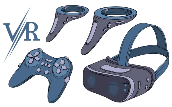 Virtuele realiteit kit. Vr-helm. Joystick en afstandsbediening voor virtuele realiteit. Vectorafbeeldingen te ontwerpen — Stockvector