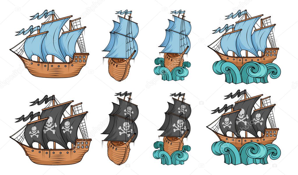Set of sailing ships and sailboat. Commercial sailboats isolated on white background. Pirating sailboat ship with black sails. Ship on the waves. Vector graphics to design