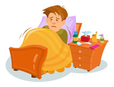Grip bulantısı. Hasta biri soğuk. Hasta adam baş ağrısı. Hastalık için ilaç. Grip hastalığı kişi. . Artoon hasta adam. Vektör grafikleri tasarım