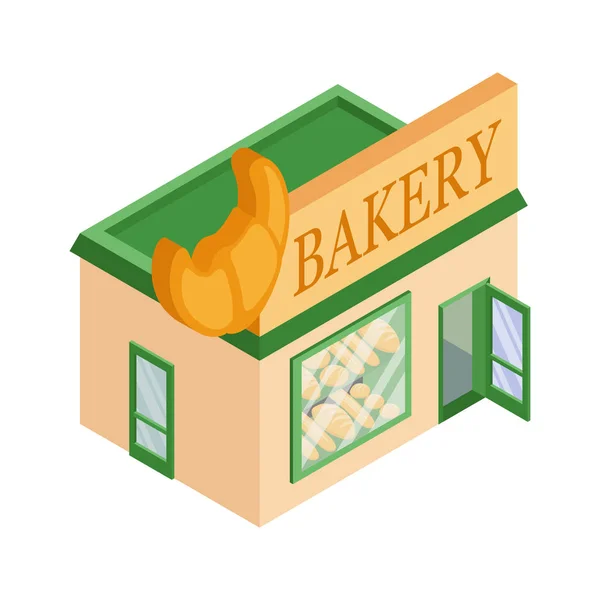 Vector isometric bakery shop. Facade of bakery shop isolated on white background. Bakery shop house. Bake bread. Bakery emblem. Vector graphics to design — Stock Vector