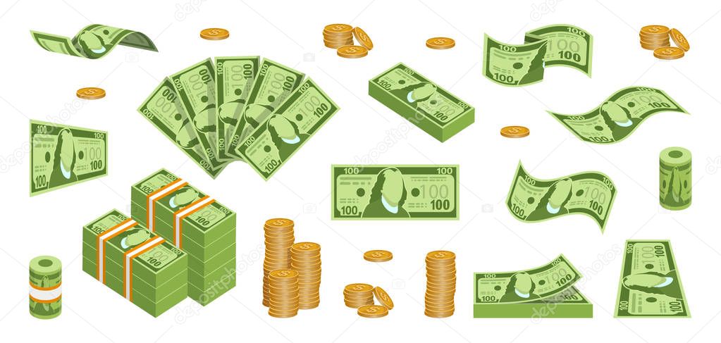 Set of cash paper money. Various kind of money. Money Packing in bundles. Flying bank notes. Gold coins. Bills and money. Gold coins in piles. Vector graphics to design