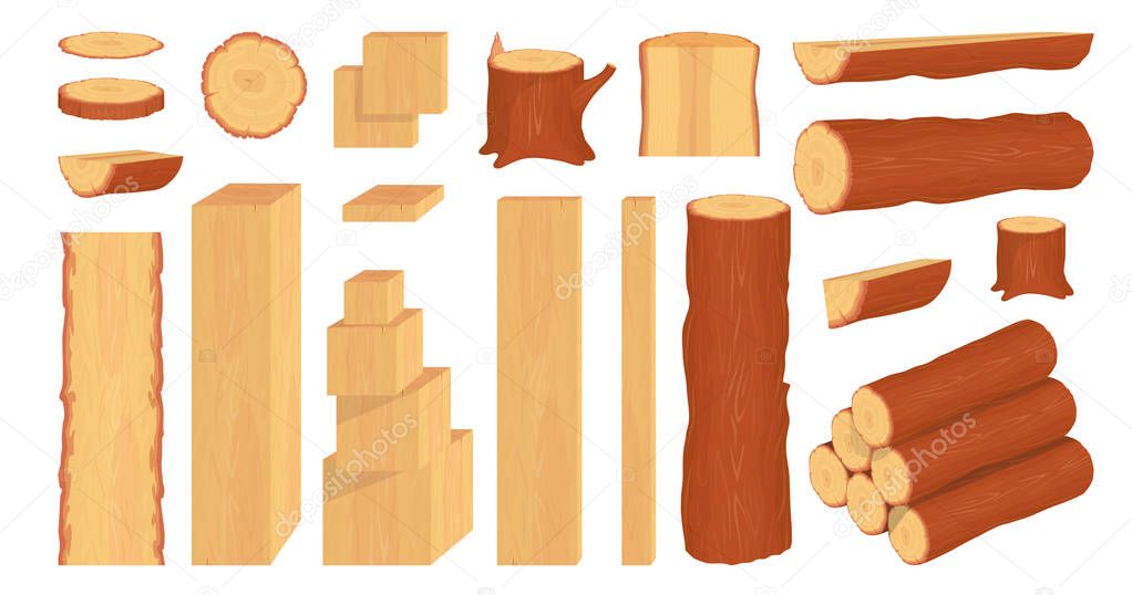 Set of wood logs, trunks, stump and planks. Forestry. Firewood logs. Tree wood trunk. Wood bark and tree log. Firewood and crust. Firewood for sale. Vector graphics to design