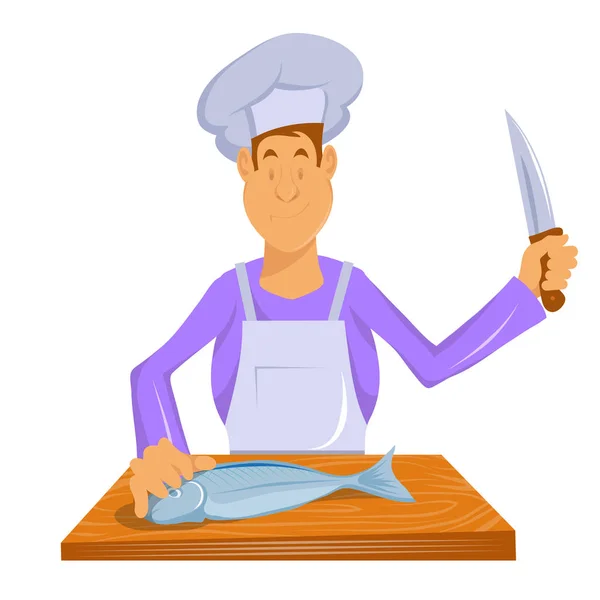 Professionele chef-kok maakt vis. Chef-kok in een kook hoed. Cook op het werk. ? Hef koken gastronomische maaltijd. Cartoon Cook-chef-kok in uniform. Vector afbeeldingen om te ontwerpen — Stockvector