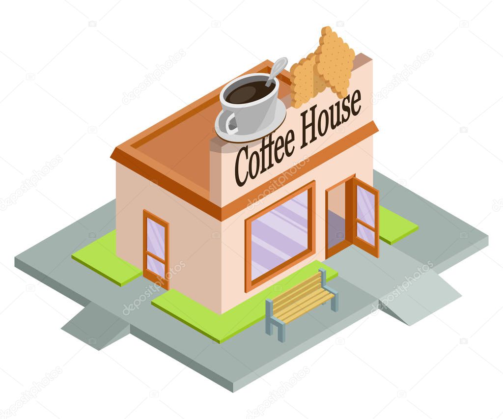 Vector isometric coffee house. Facade of coffee house isolated on white background. Street coffee house. Freshly brewed coffee. Cafe emblem. Vector graphics to design