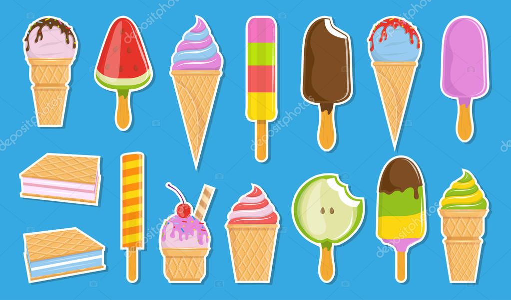 Vector ice cream sticker collection. Cartoon ice cream. Colorful fruit ice cream. Ice lolly. Vector graphics to design
