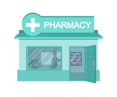Vektör düz eczane. Beyaz arka planda izole eczane mağaza cephesi. Eczane evi. Karikatür eczane mağaza binası. Eczane nin önünde. Tasarıma vektör grafikleri