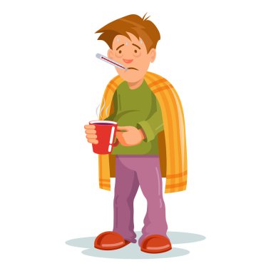 Grip bulantısı. Hasta biri soğuk. Hasta adam baş ağrısı. Hastalık için ilaç. Grip hastalığı kişi. . Artoon hasta adam. Vektör grafikleri tasarım