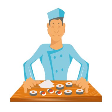 Profesyonel şef suşi yapar. Aşçı şapkalı şef. İş yerinde yemek pişir. ?hef pişirme gurme yemek. Karikatür aşçı - üniformalı şef. Tasarıma vektör grafikleri