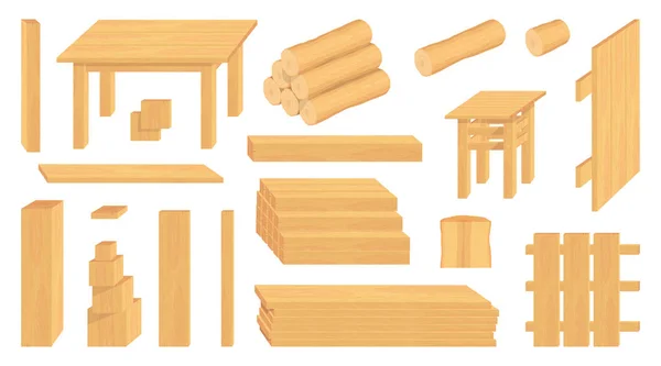 Σετ από ξύλα, κορμούς και σανίδες. Διαφορετικές ξύλινες χειροτεχνίες. Δασοκομία. Ξύλινες χειροτεχνίες για πούλημα. Ξύλινος φράχτης. Διανυσματικά γραφικά προς σχεδιασμό — Διανυσματικό Αρχείο