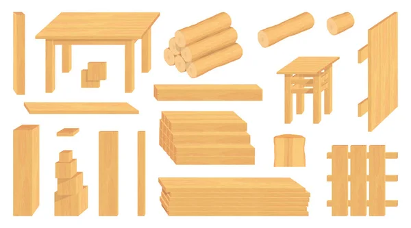 Set of wood logs, trunks and planks. Different wooden crafts. Forestry. Wooden crafts to sell. Wooden fence. Vector graphics to design — Stock Vector