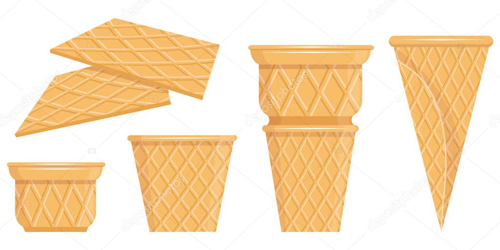 Vector waffle cone collection. Cartoon waffle cone. Colorful fruit ice cream. Vector graphics to design