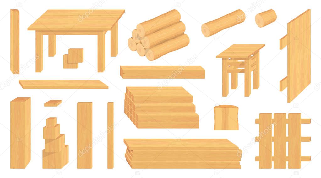 Set of wood logs, trunks and planks. Different wooden crafts. Forestry. Wooden crafts to sell. Wooden fence. Vector graphics to design
