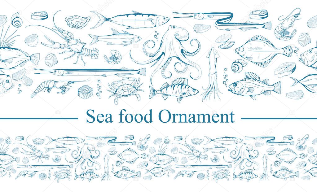 Ornament with sea food. Sea fish and mollusks. Fresh sea fish with ingredients. Vector seafood ornament. Ornament with fish. Different sea inhabitants. Vector graphics to design