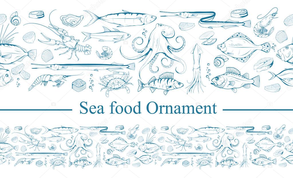 Ornament with sea food. Sea fish and mollusks. Fresh sea fish with ingredients. Vector seafood ornament. Ornament with fish. Different sea inhabitants. Vector graphics to design