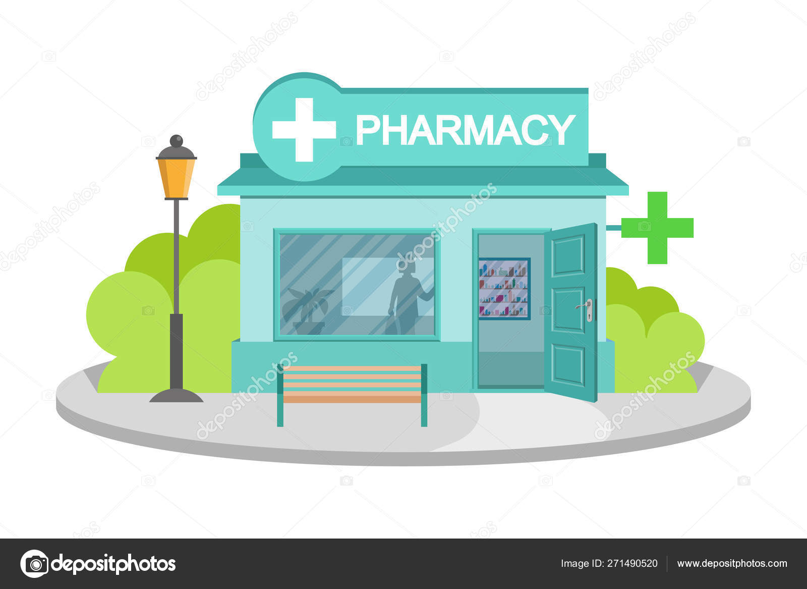 modelo de farmácia loja de ilustração plana de desenhos animados