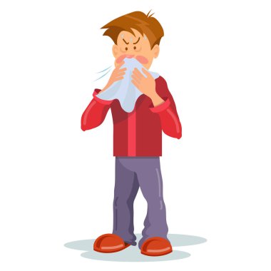 Grip bulantısı. Hasta biri soğuk. Hasta adam baş ağrısı. Hastalık için ilaç. Grip hastalığı kişi. . Artoon hasta adam. Vektör grafikleri tasarım