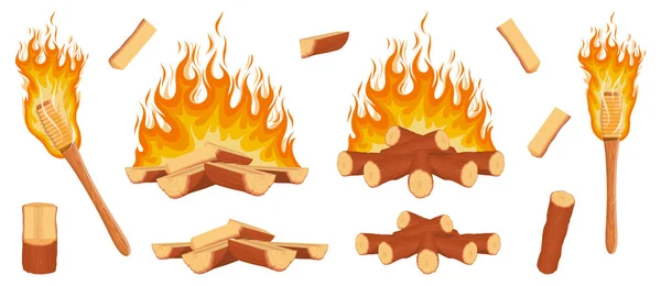 Juego de troncos de leña. Troncos de leña en llamas. Fuego de campamento. Antorcha de madera con fuego ardiente. Troncos y tablones de madera. Gráficos vectoriales para diseñar — Vector de stock