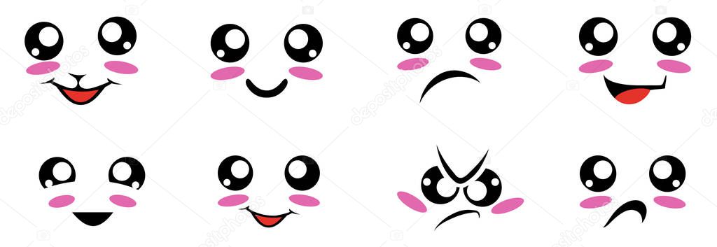 Vector Set Of Cute kawaii. Kawaii faces. Cartoon faces. Kawaii eyes. Vector graphics to design