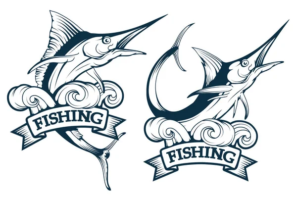 Marlin fish set. Blue marlin fish in different poses, marlin fish fishing emblem, sword fish logo, vector graphics to design — Stock Vector