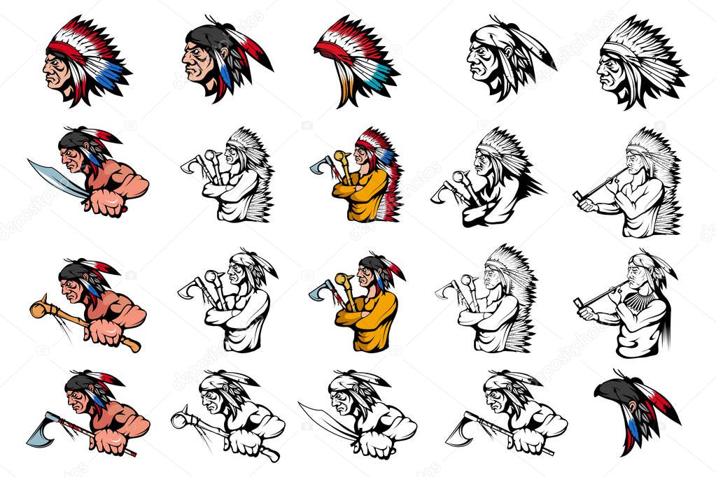 Set of American Indian Chief in different poses. Indian Warrior with a traditional Weapon. Indians with traditional Smoking Pipe. American Native Chief with an ax, knife, and battle mace in his hand