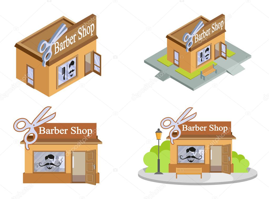 Set of Vector isometric Barbershops from different angles. Facade of Barbershop isolated on white background. Barber House. Cuts Hair Building. Barbershop emblem. Vector graphics to design