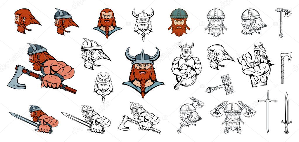 Set of Scandinavian Vikings in different poses. Scandinavian Warriors with a traditional Weapon. Team Mascot. Scandinavian Vikings with an Ax, Knife, and Sword in his hand. Vector Graphic to Design