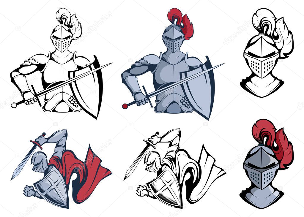 Knight Warriors in different poses. Warrior with a traditional Weapon. Knight Warrior in Combat Helmet. Knight Warrior with a Sword in his hand. Team Mascot. Vector Graphic to Design