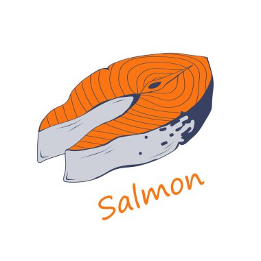 Somon. Çiğ biftek Somon balığı. Taze Somon Balığı. Suşi Yemeği için Kırmızı Balık. Taze Balık Eti. Deniz Ürünleri. Çiğ et. Proteinli deniz ürünleri. Tasarıma vektör grafikleri.