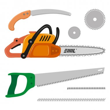 Farklı Testereler seti. El testeresi. Chainsaw. Dairesel Testere. Tasarıma Vektör Grafikleri.