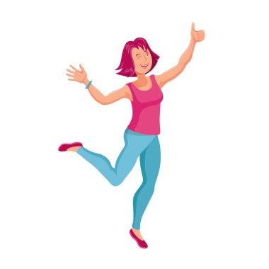Zıplayan ya da Dans Eden Kadın. Çizgi film karakteri. Parti insanları. Neşeli zıplayan kadın. Gülümseyen Mutlu İnsan Yüz.Moda Atlama Kadın. Farklı duygular. Dancing Woman.Vector grafik tasarım.