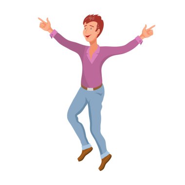 Jumping veya Dancing Man. Çizgi film karakteri. Parti insanları. Neşeli atlama Man. Gülen Mutlu İnsan Yüz.Moda Jumping Man. Farklı duygular. Dancing Man.Vector grafik tasarım.
