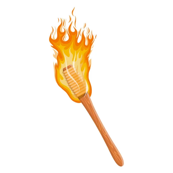 Ficklampa i trä med brinnande eld. Fackla med flamma. Ved logga in brand. Vektorgrafik att designa. — Stock vektor