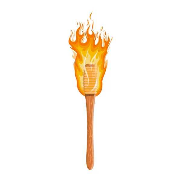 Ficklampa i trä med brinnande eld. Fackla med flamma. Ved logga in brand. Vektorgrafik att designa. — Stock vektor
