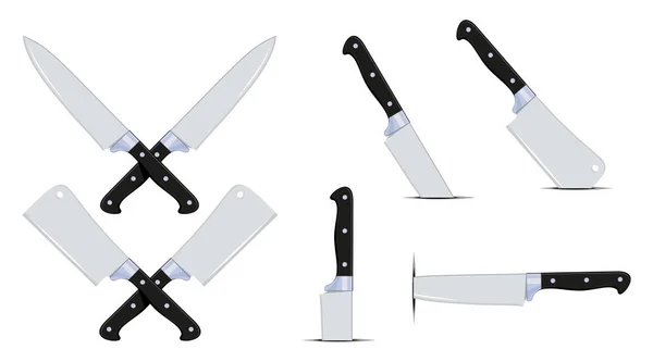 The Crossed Kitchen Pisau. Set dari Pisau Butcher Kitchenware. Daging Cleaver dan Chef Knife. Vektor grafis untuk merancang . - Stok Vektor