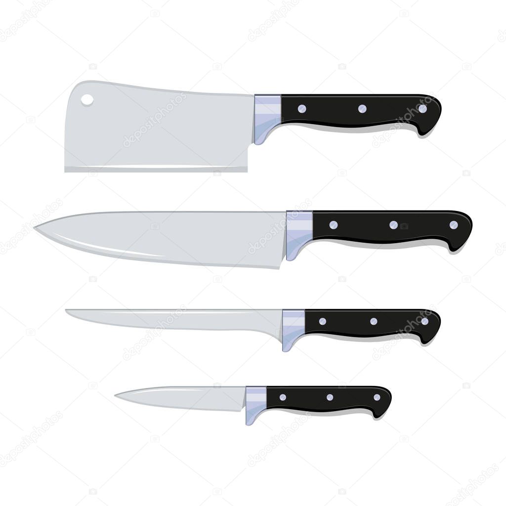 Set of Steel Kitchen Knives. Icon Realistic Cutlery Different Kitchenware Knives. Chopping Knives. Vector graphics to design.