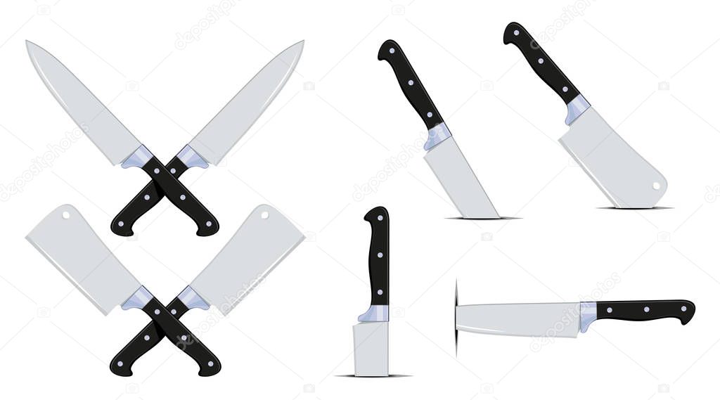 The Crossed Kitchen Knives. Set of Butcher Kitchenware Knives. Meat Cleaver and Chef Knife. Vector graphics to design.